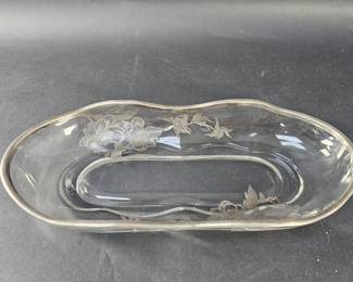 Lot 191  Vintage glass dish with silver rim and floral
