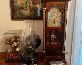 Oil lamp, vintage picture, jewelry/trinket box Vintage grandfather mantle clock