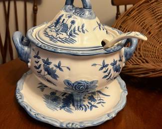 Vintage blue and white soup tureen with matching underplate and ladle