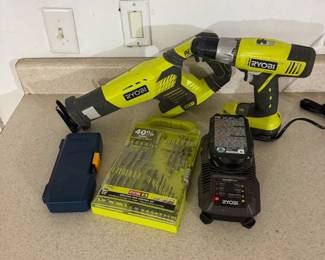 RYOBI RECIPROCATING SAW, DRILL, 2 BATT, CHARGER BITS $75.00