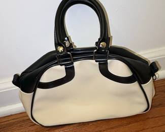 70s Black Trim Cream Faux Leather Mini Bag Vintage Bowling Handle Small Purse