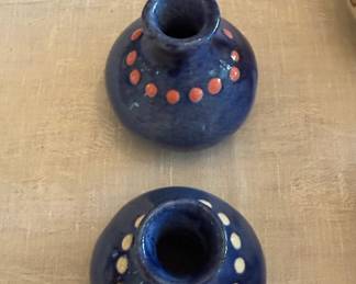 Pair of Small Blue Studio Pottery Bud Vases with Polka Dots