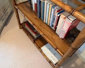 Faux Bamboo Three-Tier Etagere with Glass Top Shelf