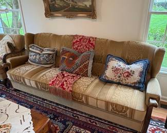 Traditional Wingback Sofa with Damask Upholstery