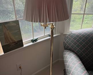 Adjustable Brass Swing Arm Floor Lamp with Pleated Shade