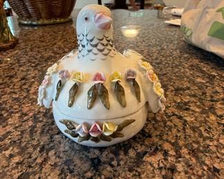 Porcelain Dove Trinket Box with Applied Flowers