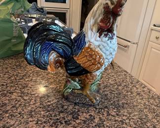 Large Majolica Glazed Ceramic Rooster Statue