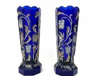 Pair of Cobalt Blue Glass Vases with Silver Overlay Floral Design