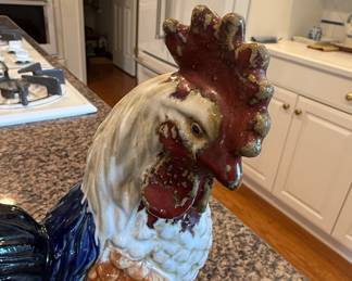 Large Majolica Glazed Ceramic Rooster Statue