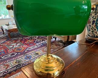 Vintage Brass Banker's Lamp with Green Glass Shade