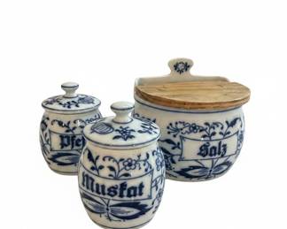 Blue Onion Pattern German Spice Jar Set with Salt Crock