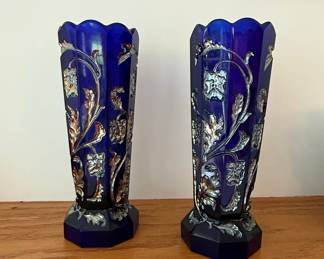 Pair of Cobalt Blue Glass Vases with Silver Overlay Floral Design