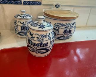 Blue Onion Pattern German Spice Jar Set with Salt Crock