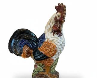 Large Majolica Glazed Ceramic Rooster Statue