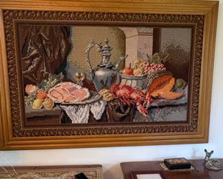 Large Framed Still Life Needlepoint Tapestry with Lobster and Fruit