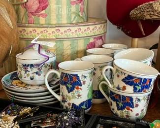 Porcelain Tea Set, Various Brooches