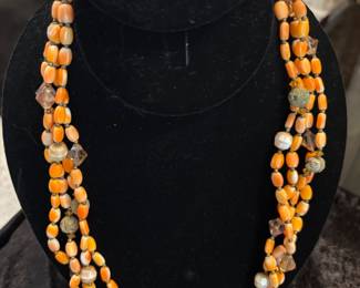 Vintage 4 Strand Faux Coral and Pearl Necklace