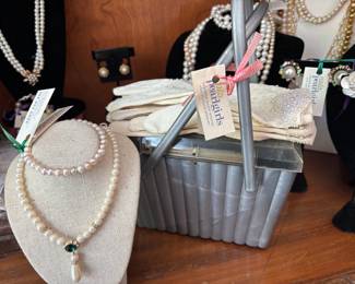 Various Faux Pearl Necklace, Gloves and Vintage Purse