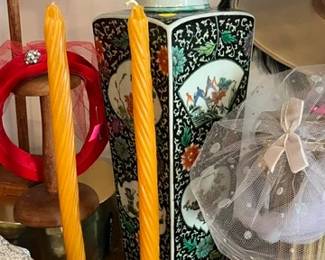 Porcelain Jar, Vintage Hats Crystal Candle Holders and Candles
