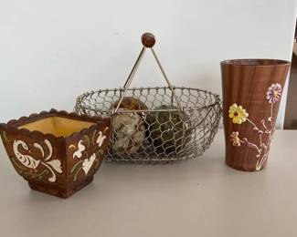 Brown Hand Painted Ceramic Vessels with Ceramic Balls in Metal Basket
