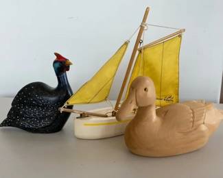 Bosun Boats Model Sailboat with Wooden Duck and Painted Guinea Fowl