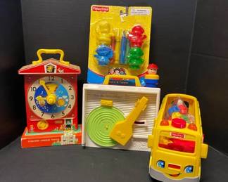 Vintage Fisher Price Toys Including Music Teaching Clock Record Player School Bus  Crayons