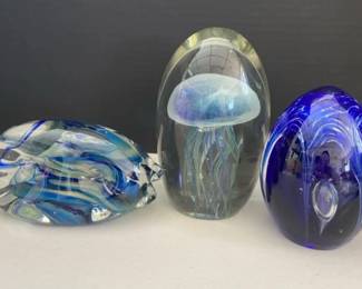 3 Glass Paper Weights Featuring A Jellyfish One Signed