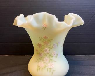 Fenton Art Glass Hand Painted Floral Vase With Ruffled Edge