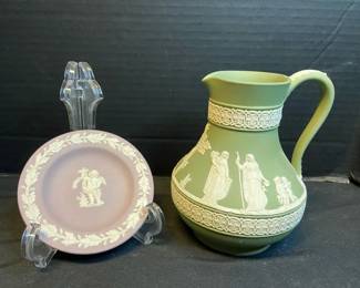 Wedgwood England Sage Green Pitcher  Lilac Color Cupid Plate