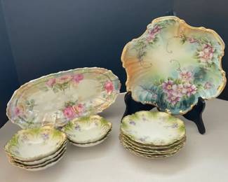 Floral German Porcelain Berry Bowls with Vintage Steinmann Platter and Gold Trimmed Dish