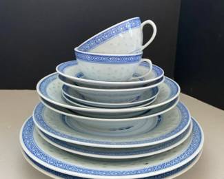Vintage Chinese Porcelain Rice Grain Service For Two