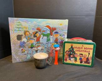 Vintage Silverplate Snoopy Baby Cup Charlie Brown Christmas Mini Lunchbox Peanuts Puzzle