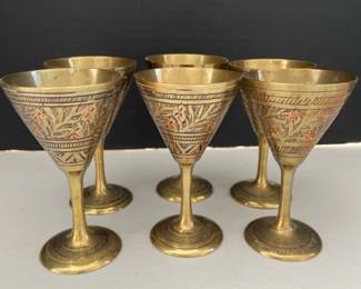 Set Of Six Vintage Etched Brass Barware Made In India