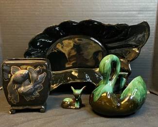 Claire Lerner Platter With Blue Mountain Pottery Figures  Black Vase With Fish