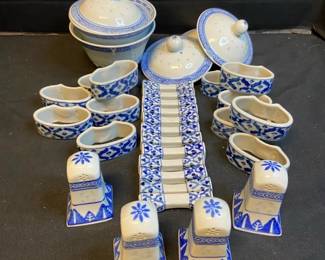 Vintage China Rice Grain Bowls Four Lids Napkin Rings Chopstick Holders Salt Pepper Shakers