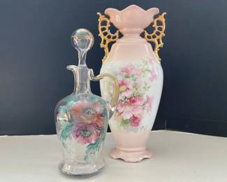Victoria Austria Pink Porcelain Vase with Hand Painted Glass Pitcher