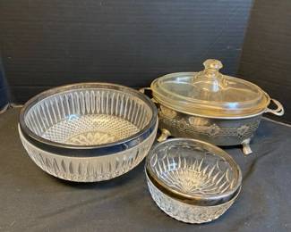 Vintage Pyrex Casserole Dish With Metal Holder Silver Plated Rimmed Bowls