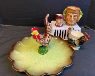 Royal Daulton Cardinal  Jester Character Cups  Ceramic Rooster Egg Tray
