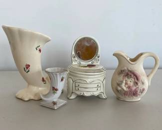 Ceramic Vanity Style Trinket Box with Decorative Pitcher and Cornucopia Vases