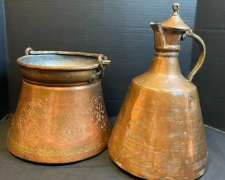 Vintage Engraved Copper Handled Pot  Large Turkish Copper Lidded Pitcher
