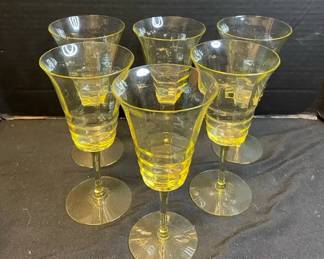 Six Yellow Depression Glass Stemmed Drinking Glasses