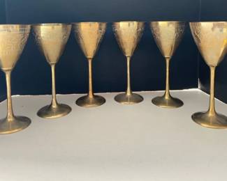 Vintage India Etched Brass Wine Goblets