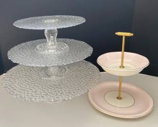 3 Piece Glass Tea Service Tower with Barker Bros Royal Tudor Ware Tea Tower