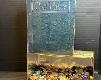 Vintage Buttons In A Tin Container With The Century Book On Antique Buttons