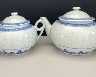 Vintage Jingdezhen China Rice Grain Porcelain Tea Pot And Sugar Bowl