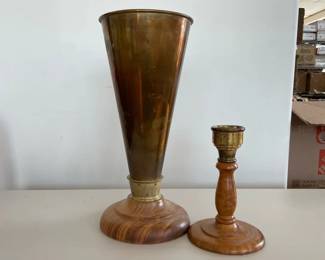 Wood Base Brass Candle Holder and Large Vase