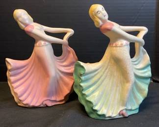 Vintage Hull Pottery Pink  Green Dancing Lady Planters