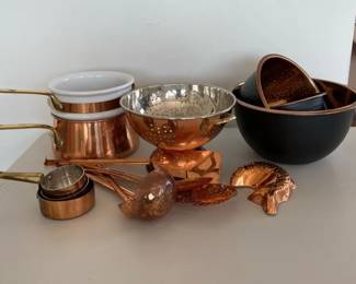 Copper Tone Utensils Bowls Pots Colander and More