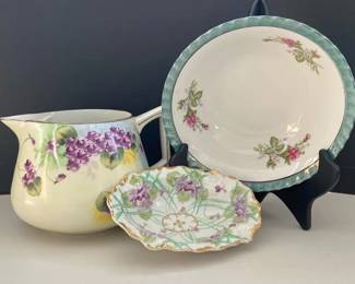 Large Porcelain Pitcher Hand Painted in Japan with Yamatsu Bowl and Hand Painted Dish