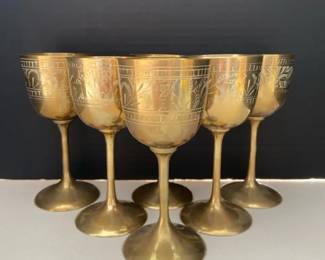 6 Vintage Brass India Etched Goblets